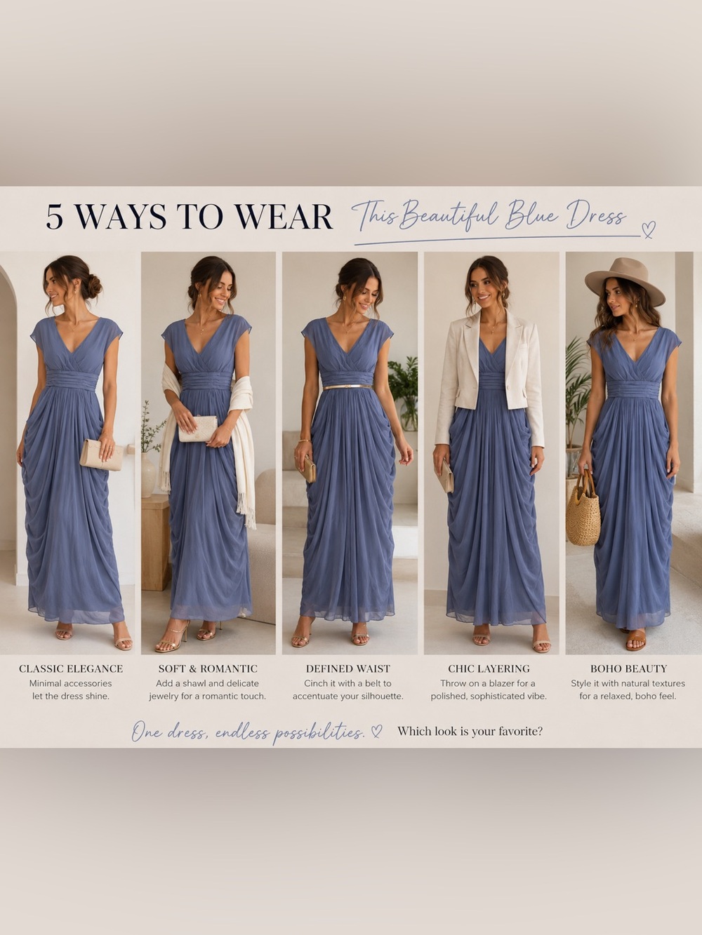 Elegant V-Neck Dusty Blue Pleated Maxi Dress - Picture 2 of 3